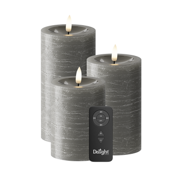 LED Pillar candle Pack of 3, Ø 7.5 x 10/12.5/15 cm Dark grey