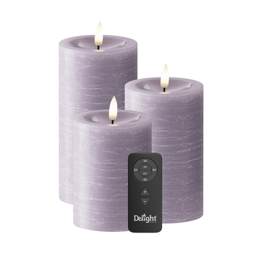 LED Pillar candle Pack of 3, Ø 7.5 x 10/12.5/15 cm Lavender