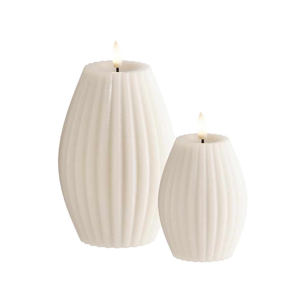 LED Ribbed candle 2 pcs, Ø 7.5 x 10 + Ø 10 x 15 cm Ivory