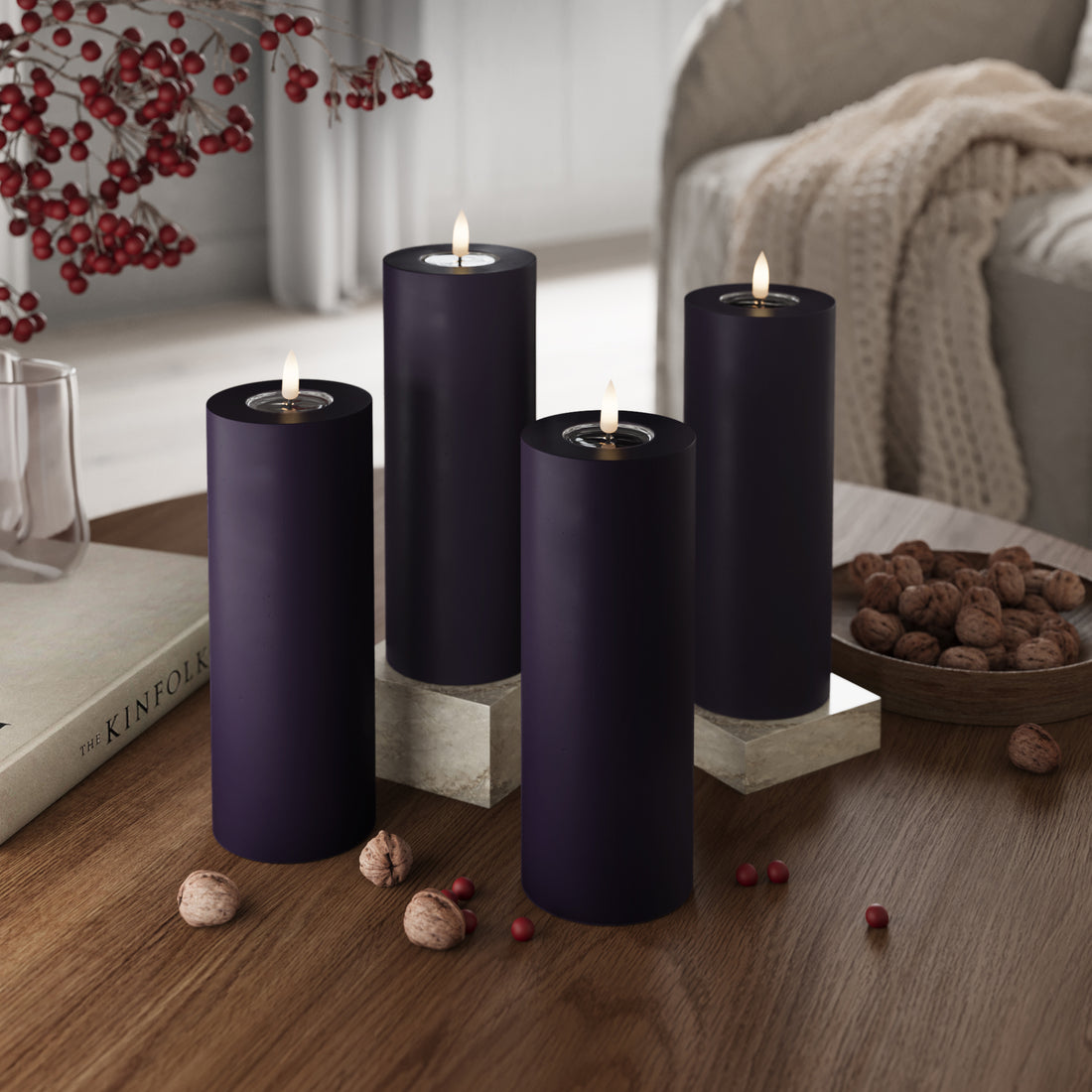 LED Pillar candle Ø 7.5 x 20 cm Dark Purple - 4 pcs