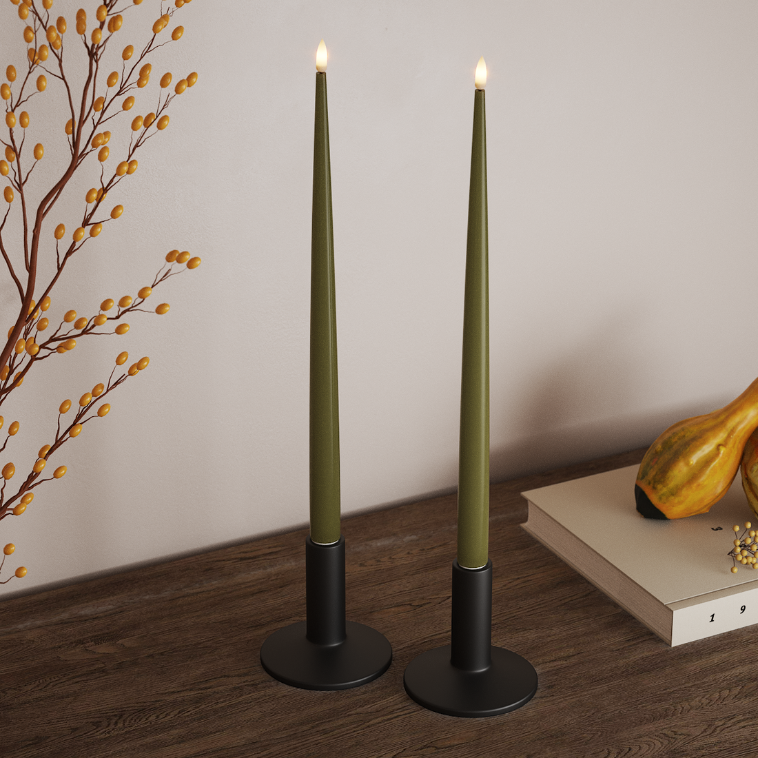 Deluxe Homeart LED Shiny Dinner candle with Lacquer, 2 pieces 38 cm Olive Green LED Shiny Dinner candle 4