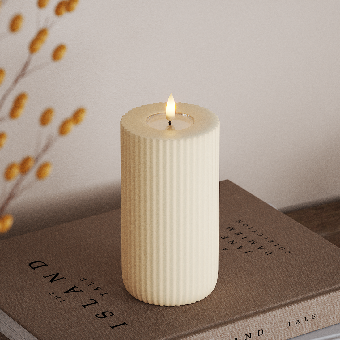 Deluxe Homeart Solid Stripe LED Pillar candle Ø 8 X 15 Cm Cream LED Shape 4