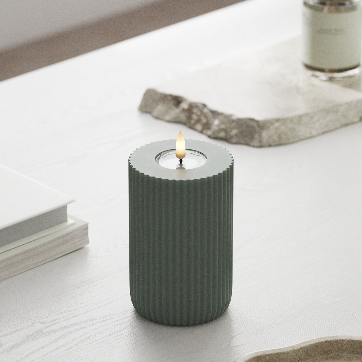 Deluxe Homeart Solid Stripe LED Pillar candle Ø 8 X 12.5 cm Sage Green LED Shape 1