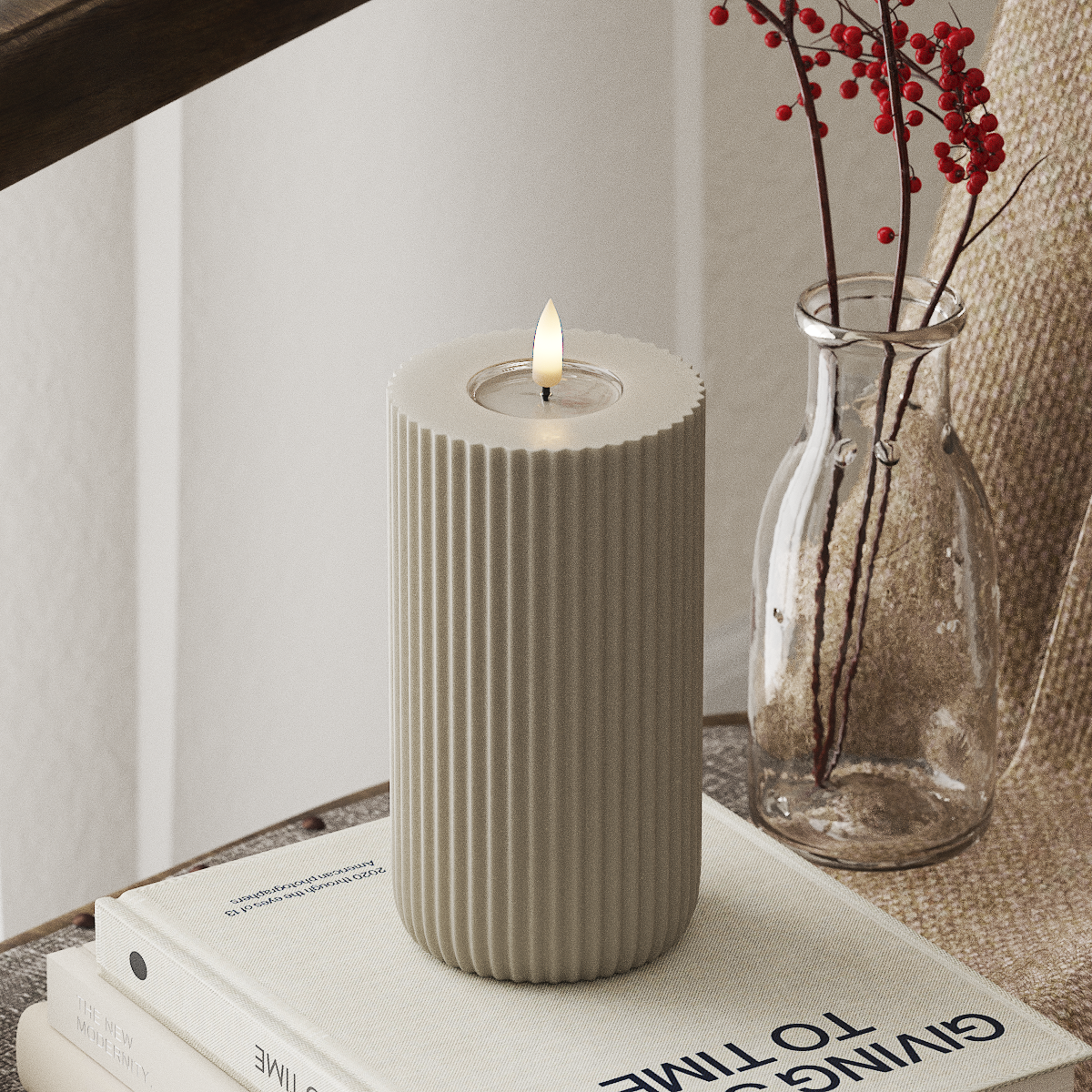 Deluxe Homeart Solid Stripe LED Pillar candle Ø 8 X 15 Cm Sand LED Shape 4