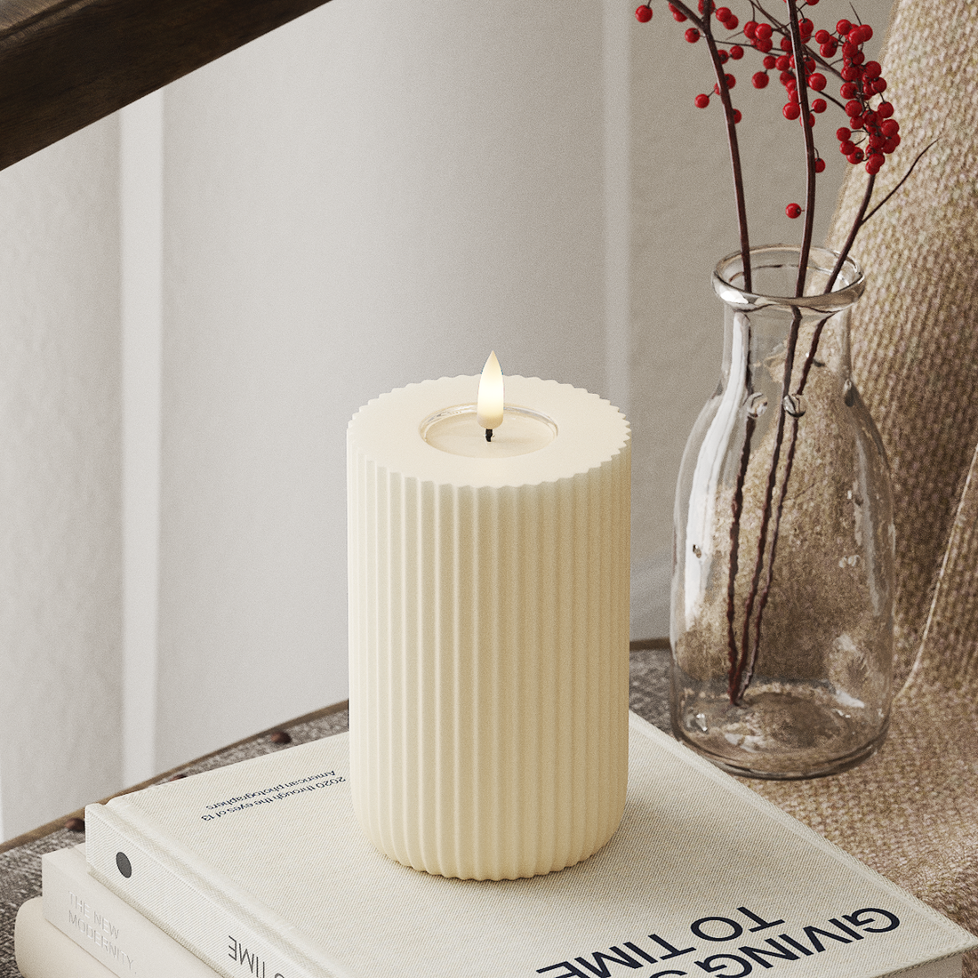 Deluxe Homeart Solid Stripe LED Pillar candle Ø 8 X 12.5 cm Cream LED Shape 4