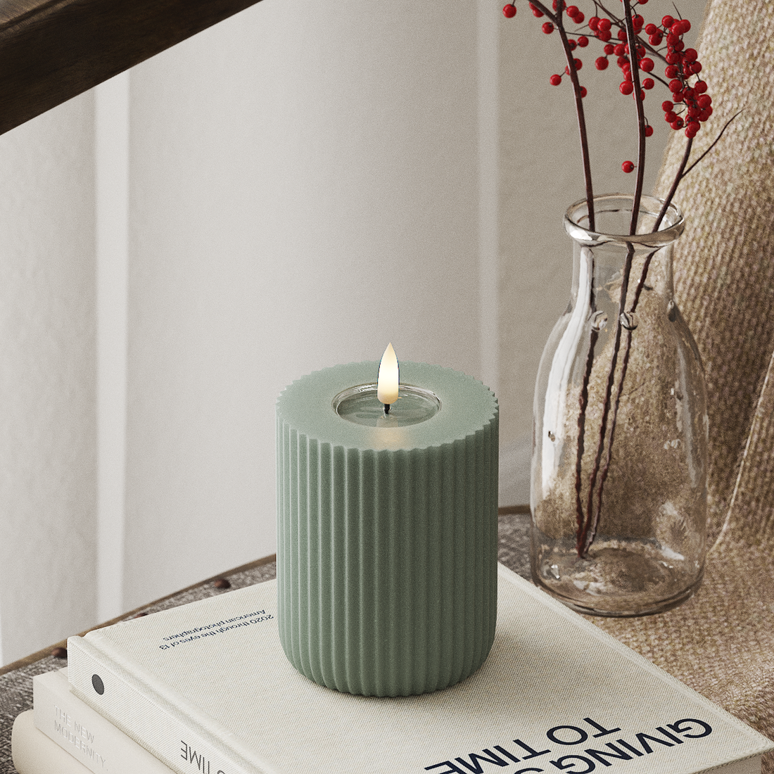 Deluxe Homeart Solid Stripe LED Bloklys Ø 8 X 10 Cm Salvie grøn LED Shape 4