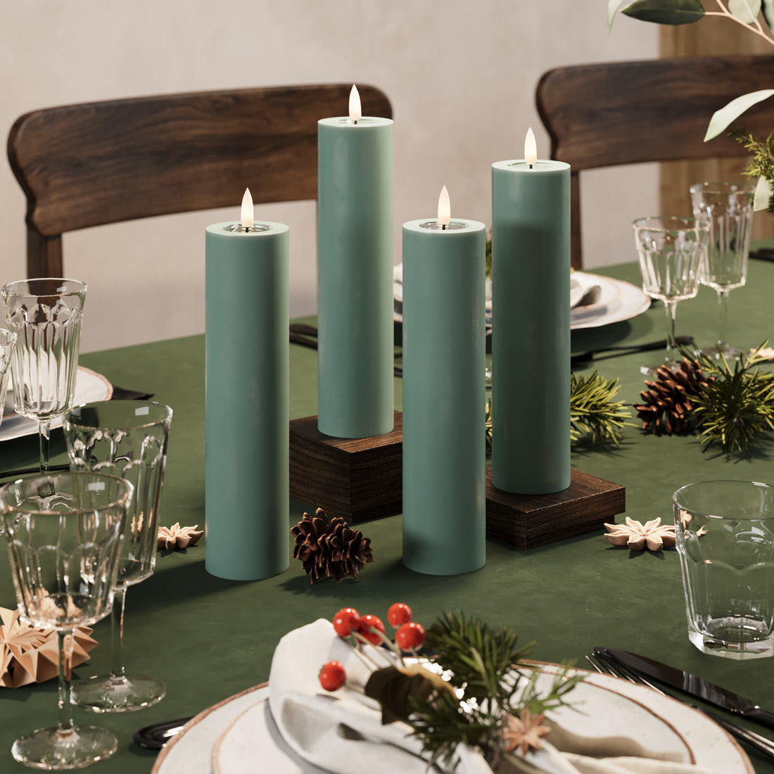 LED Pillar candle Ø 5 x 20 cm Jade Green - 4 pcs