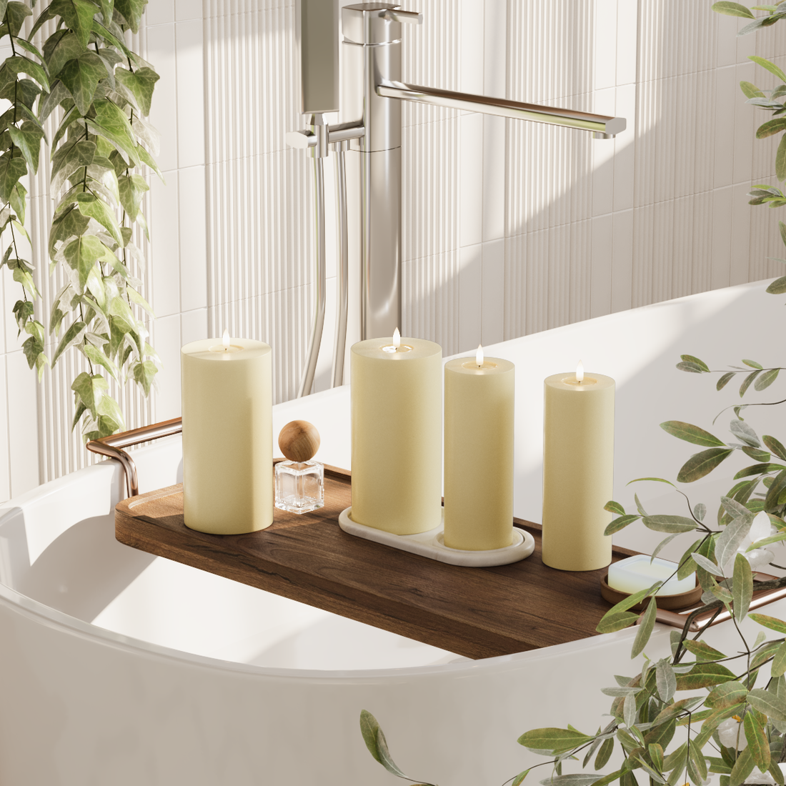 Deluxe Homeart LED bloklys pakke - Lysegul - 2x 7,5 x 20 | 2x 10 x 20 cm pakke 1